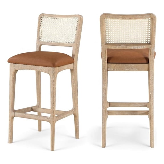 Meridian Furniture Atrium Cognac Cane And Vegan Leather Bar Stool (Set of 2)