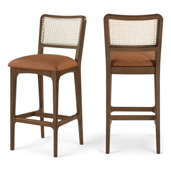 Meridian Furniture Atrium Cognac Cane And Vegan Leather Bar Stool (Set of 2)