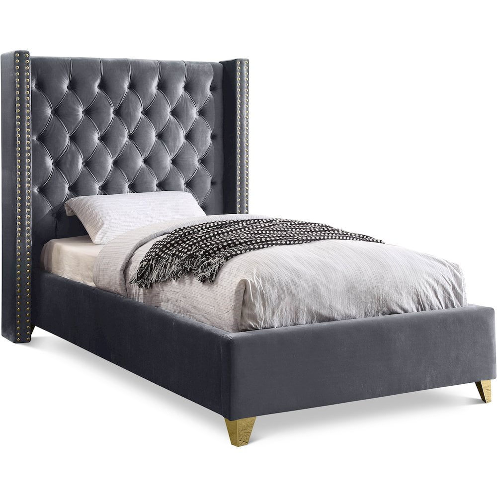Gray Velvet Twin Bed with Tufted Upholstered Headboard