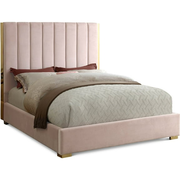 Meridian Furniture Becca Metal and Velvet Full Bed in Pink