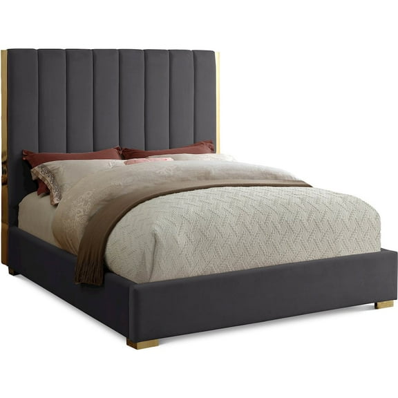 Meridian Furniture Becca Metal and Velvet Queen Bed in Gray