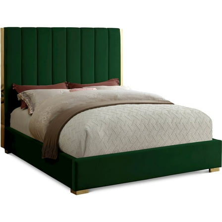 Meridian Furniture Becca Metal and Velvet Queen Bed in Green