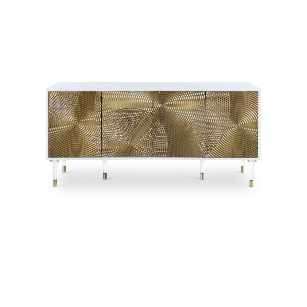 White and Gold Lacquer Sideboard with Mirrored Acrylic Legs