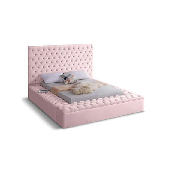 Meridian Furniture Bliss Solid Wood Tufted Velvet King Bed in Pink