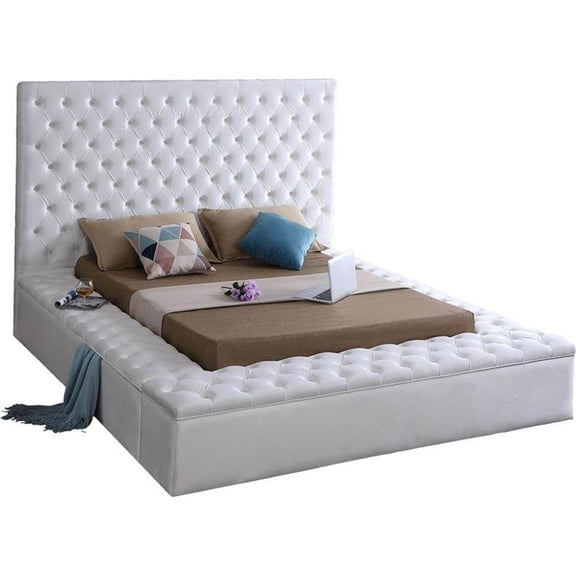 Meridian Furniture Bliss Solid Wood Velvet Full Bed with Storage Rails and Footboard, White