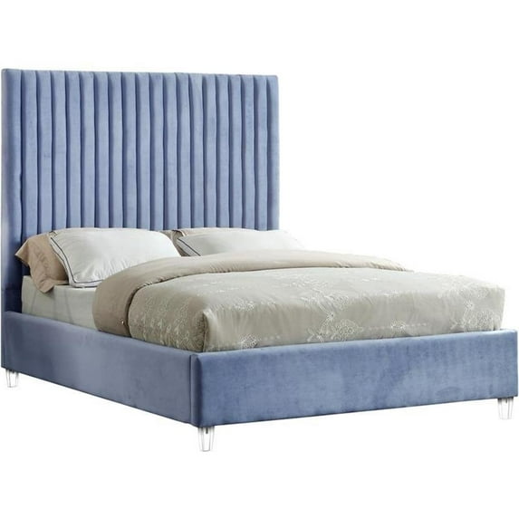 Meridian Furniture Candace Solid Wood Tufted Velvet King Bed in Sky Blue