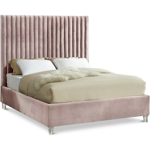 Meridian Furniture Candace Solid Wood Tufted Velvet Queen Bed in Pink