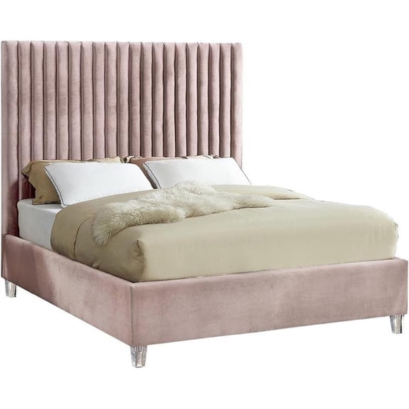 Meridian Furniture Candace Solid Wood Tufted Velvet Queen Bed in Pink