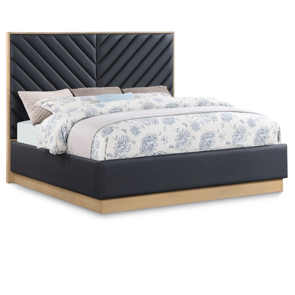 Casa Black Faux Leather Queen Bed with Chevron Tufted Headboard