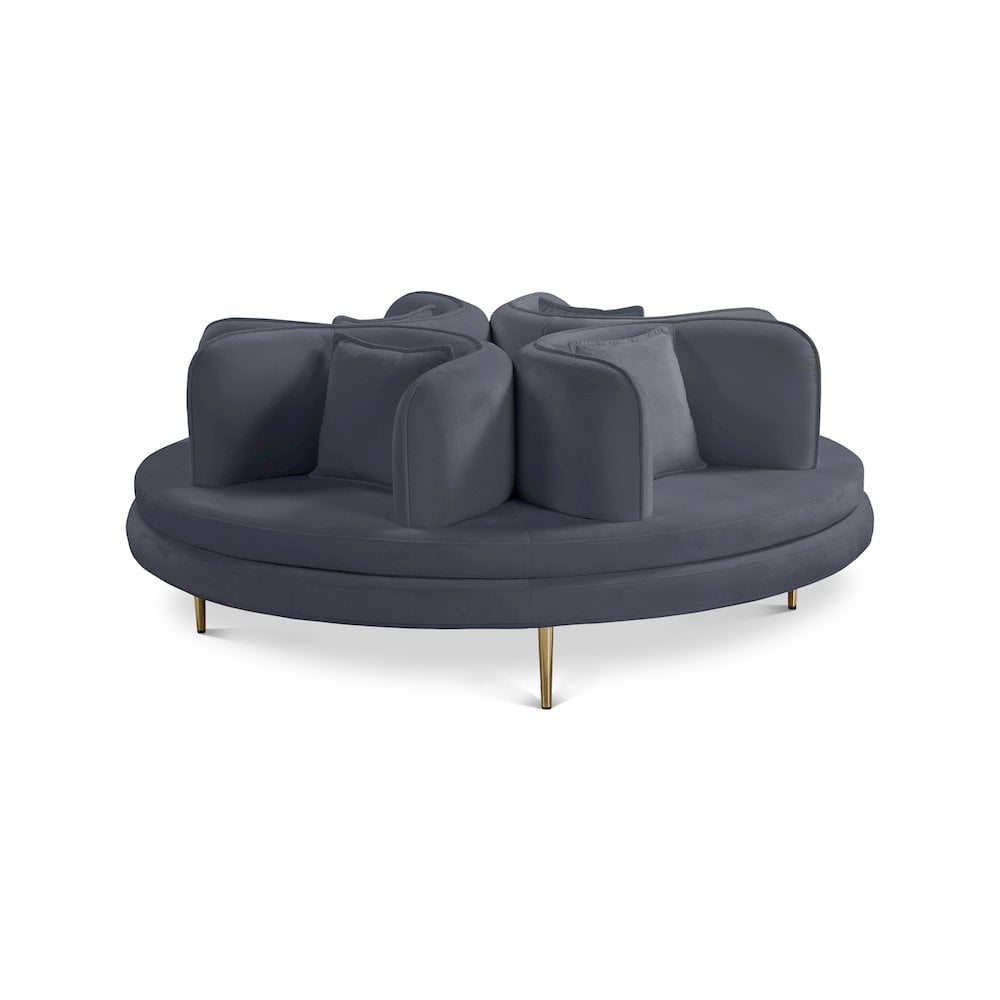 Meridian Furniture Circlet Gray Velvet Roundabout Sofa with Gold Iron Legs