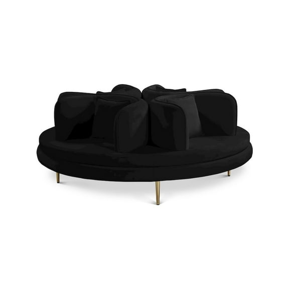 Meridian Furniture Circlet Roundabout Sofa with Pillows, Black Velvet and Gold Iron Legs