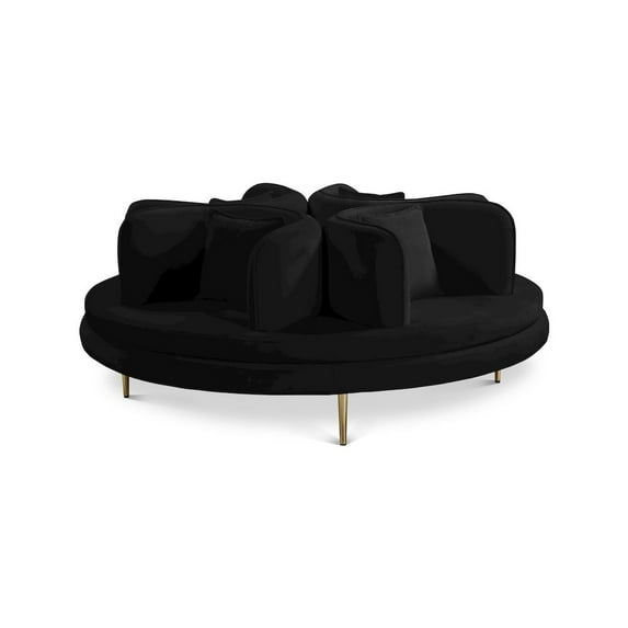 Meridian Furniture Circlet Roundabout Sofa with Pillows, Black Velvet and Gold Iron Legs