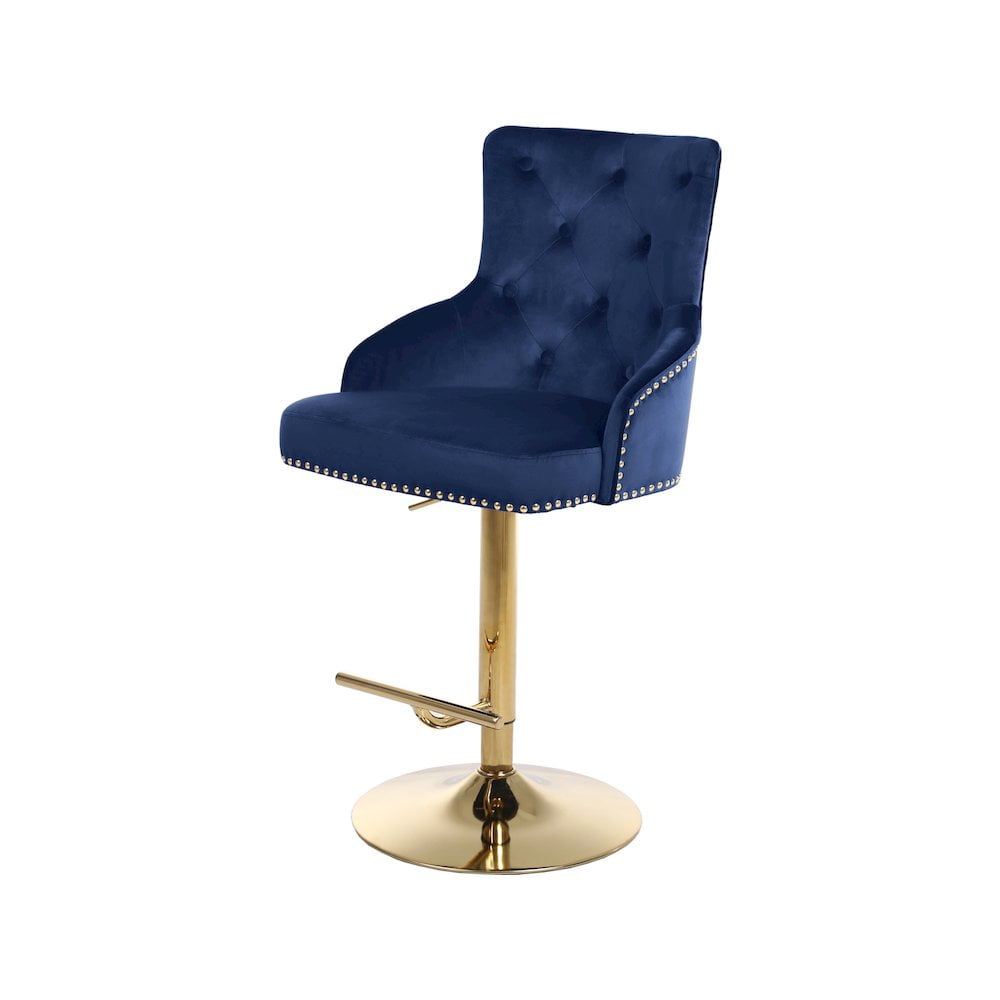Navy Velvet Adjustable Swivel Bar Stool with Gold Base