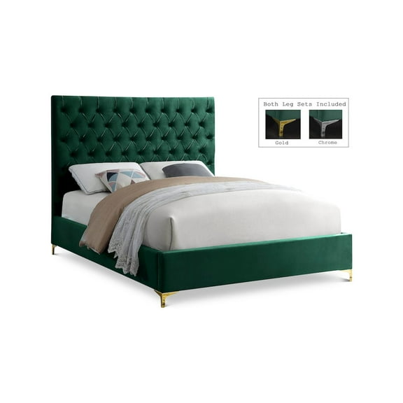 Meridian Furniture Cruz Solid Wood Tufted Velvet King Bed in Green
