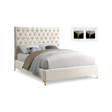 Meridian Furniture Cruz Solid Wood Tufted Velvet Queen Bed in Cream
