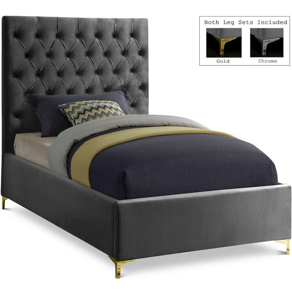 Meridian Furniture Cruz Solid Wood Tufted Velvet Twin Bed in Gray