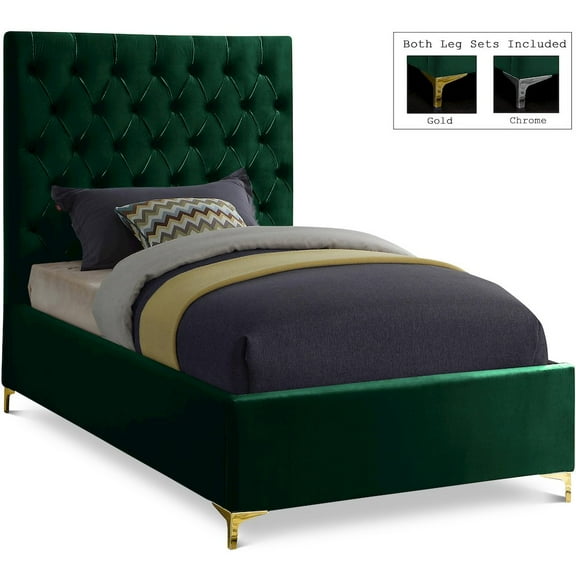 Meridian Furniture Cruz Solid Wood Tufted Velvet Twin Bed in Green