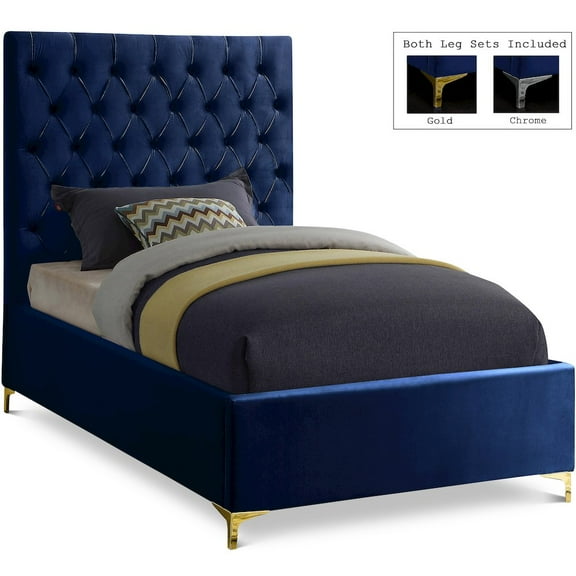 Meridian Furniture Cruz Solid Wood Tufted Velvet Twin Bed in Navy