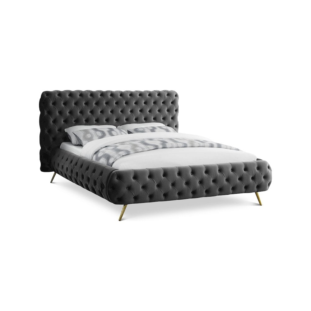 Delano Grey Velvet Tufted King Bed with Wood Frame