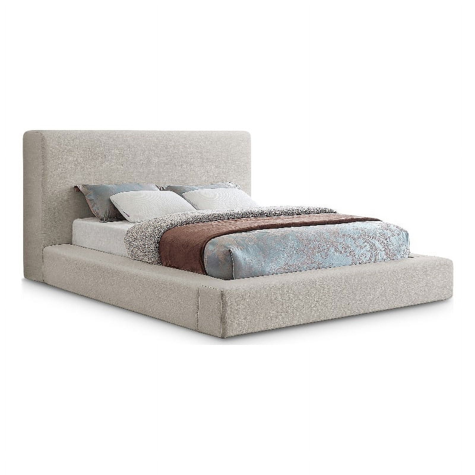Beige Linen Upholstered Queen Platform Bed with Headboard