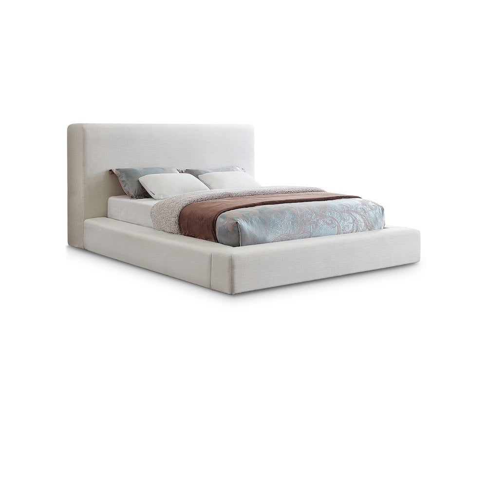 Cream Linen Upholstered Queen Platform Bed with Headboard