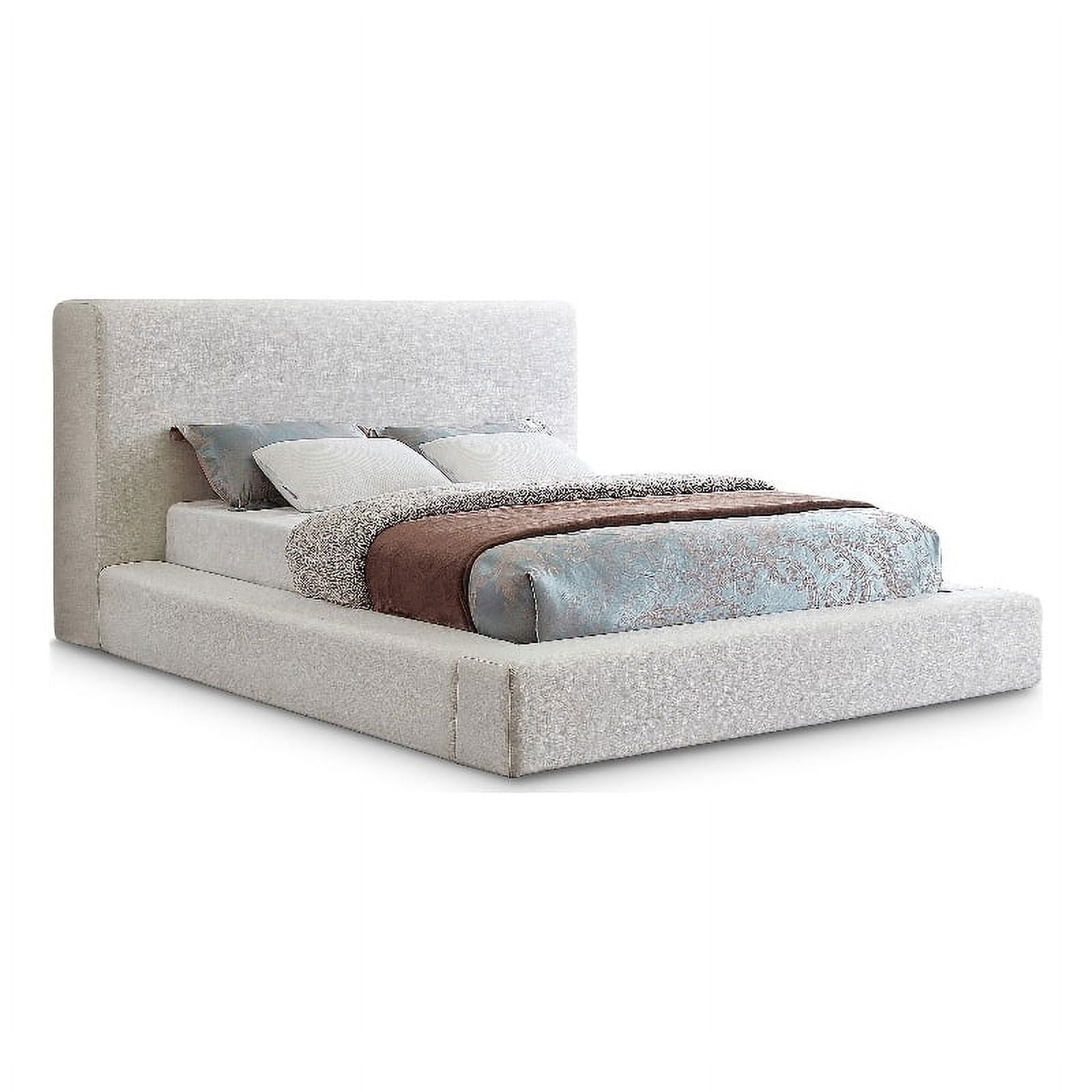 Cream Linen Upholstered Queen Platform Bed with Headboard