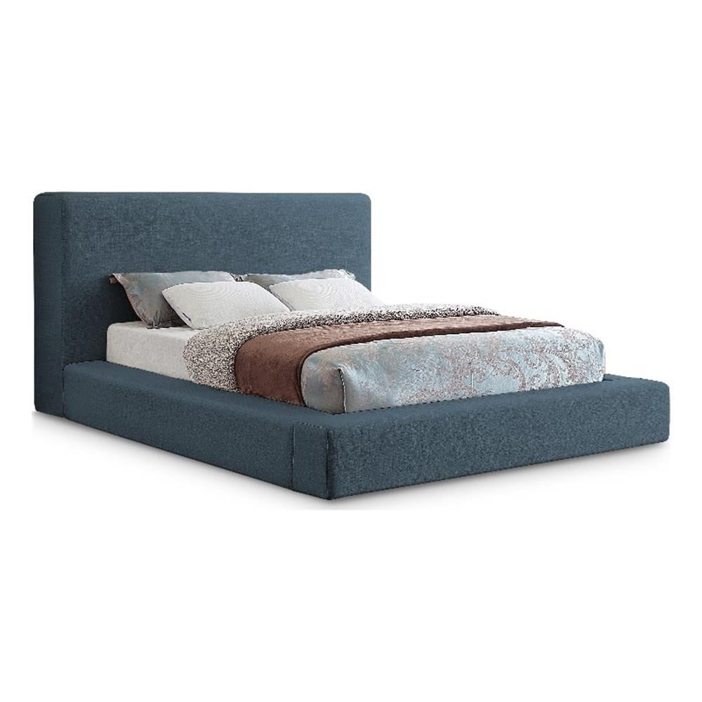 Navy Linen Upholstered Queen Platform Bed with Headboard
