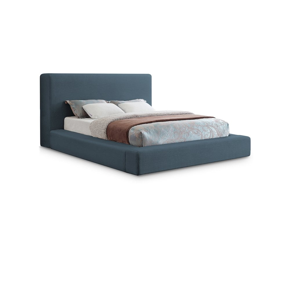 Navy Linen Upholstered Queen Platform Bed with Headboard