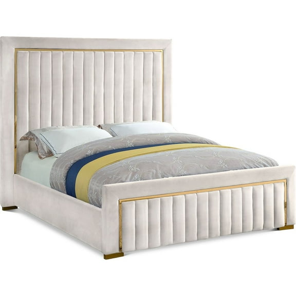 Meridian Furniture Dolce Solid Wood and Velvet Queen Bed in Cream