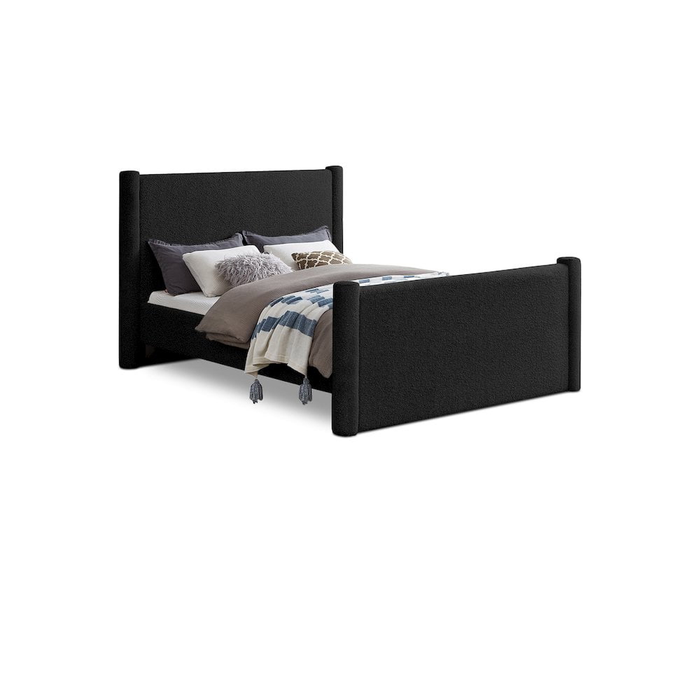 Elias Black Boucle Upholstered Queen Poster Bed with Wood Frame
