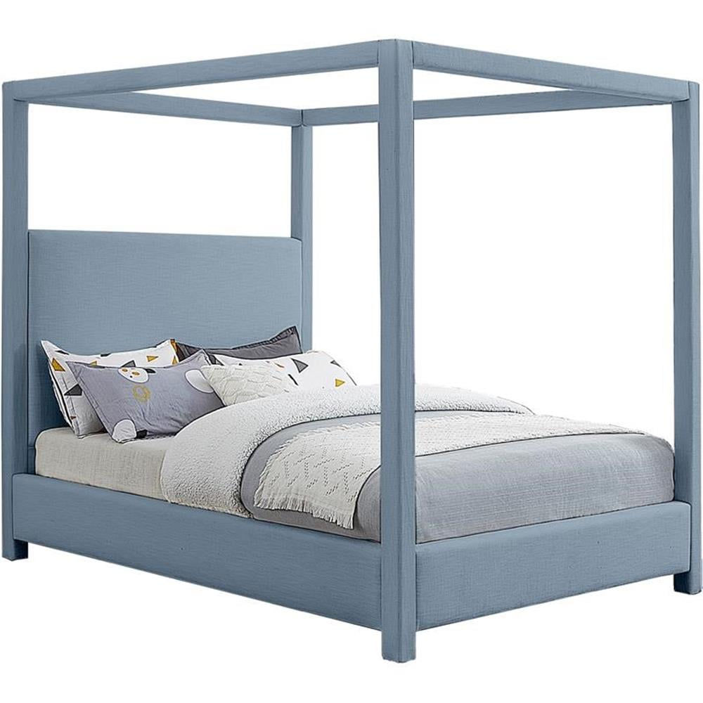 Sky Blue Linen Upholstered Queen Canopy Bed with Wood Frame