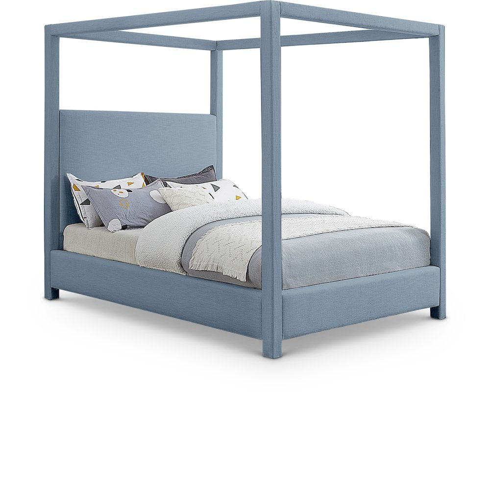 Sky Blue Linen Upholstered Queen Canopy Bed with Wood Frame