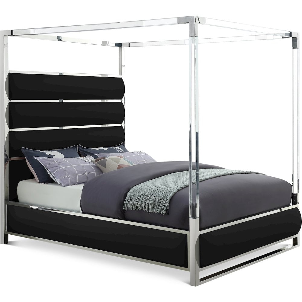 Encore Black Faux Leather King Canopy Bed with Acrylic Posts
