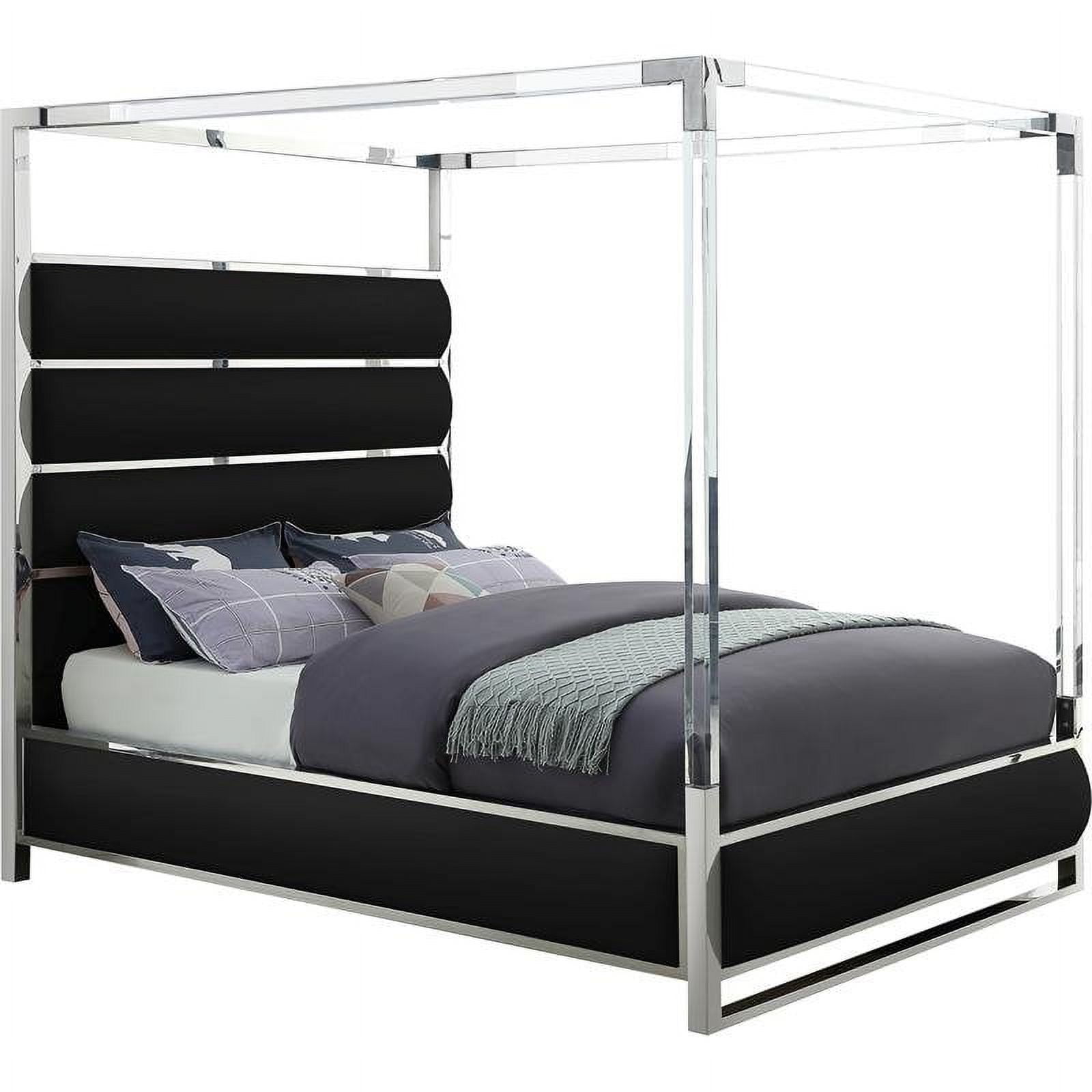 Contemporary Black Faux Leather Queen Canopy Bed with Acrylic Posts