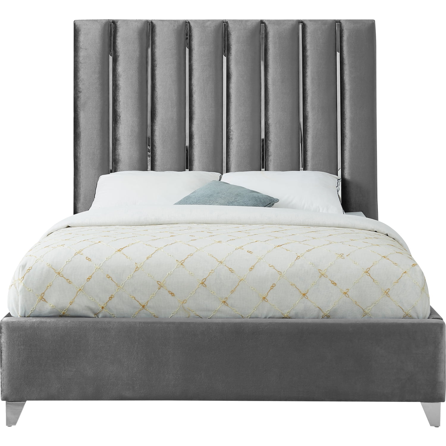 Grey Velvet Upholstered Queen Bed with Tufted Headboard