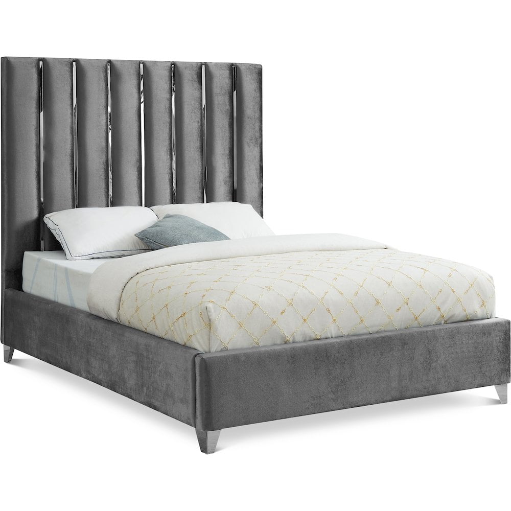 Grey Velvet Upholstered Queen Bed with Tufted Headboard
