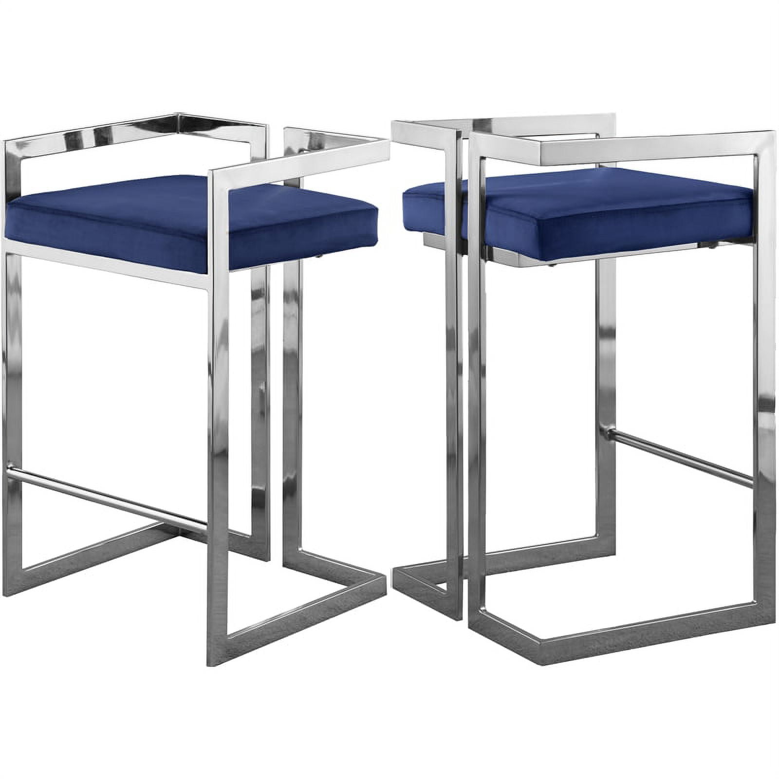 Navy Velvet and Chrome Metal Counter Stool Set