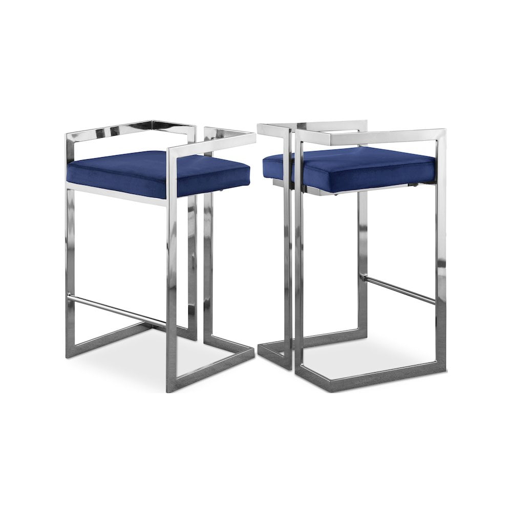 Navy Velvet and Chrome Metal Counter Stool Set