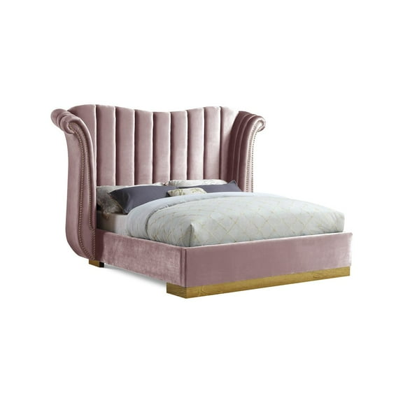Meridian Furniture Flora Solid Wood and Velvet King Bed in Pink