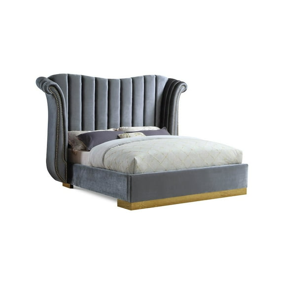 Meridian Furniture Flora Solid Wood and Velvet Queen Bed in Gray