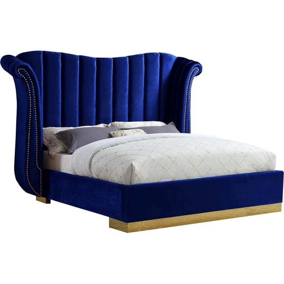 Meridian Furniture Flora Solid Wood and Velvet Queen Bed in Navy