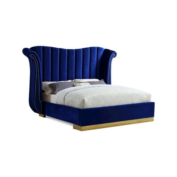 Meridian Furniture Flora Solid Wood and Velvet Queen Bed in Navy