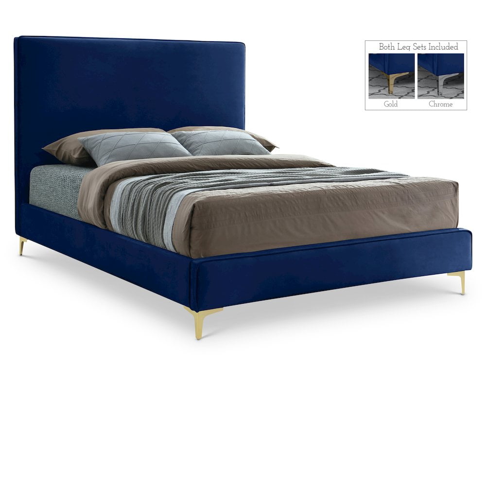 Contemporary Navy Velvet King Bed with Dual-Tone Legs