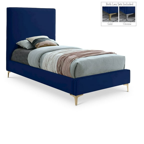 Meridian Furniture Geri Navy Velvet Twin Bed with Gold and Chrome Legs Included