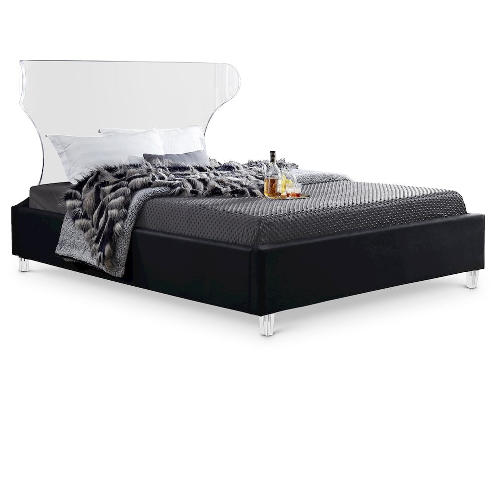 Elegant Ghost King Size Black Velvet Upholstered Bed with Acrylic Headboard