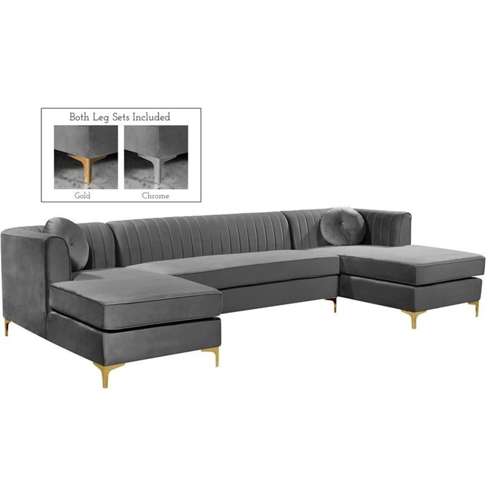 Elegant Gray Velvet Tufted Three-Piece Sectional with Solid Wood Frame