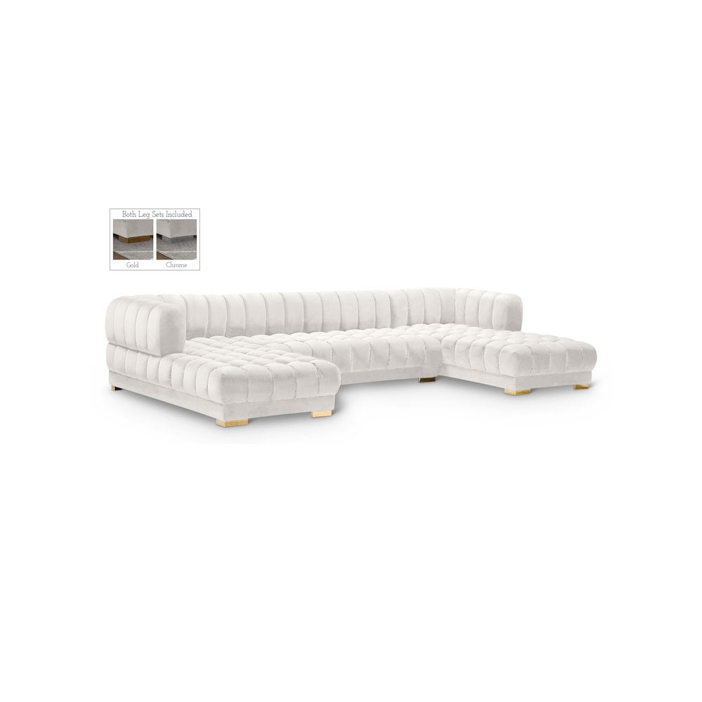 Cream Velvet Tufted Three Piece Sectional Sofa