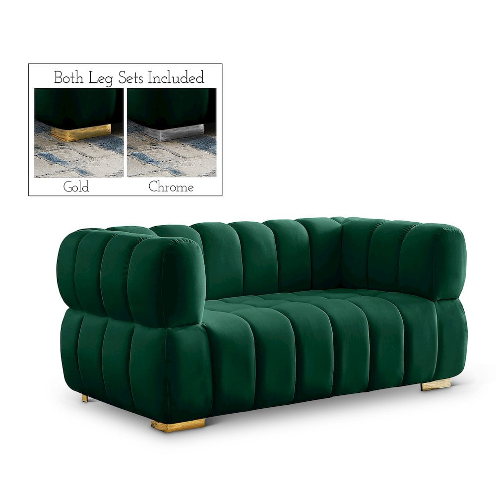 Elegant Gwen 68'' Tufted Green Velvet Loveseat with Solid Wood Legs
