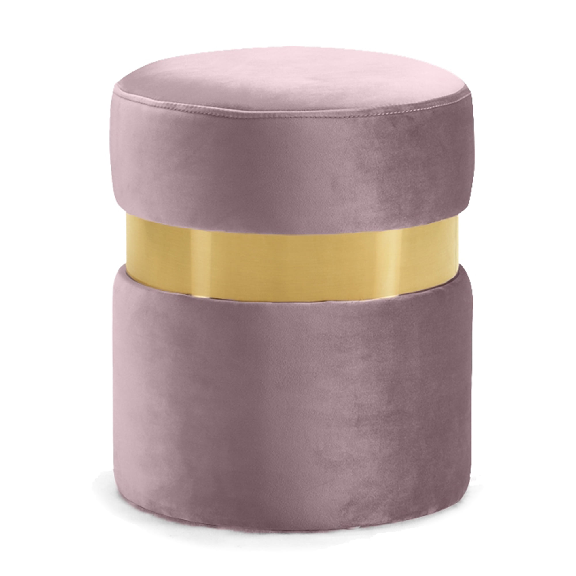 Pink Velvet Round Ottoman with Gold Stainless Steel Band