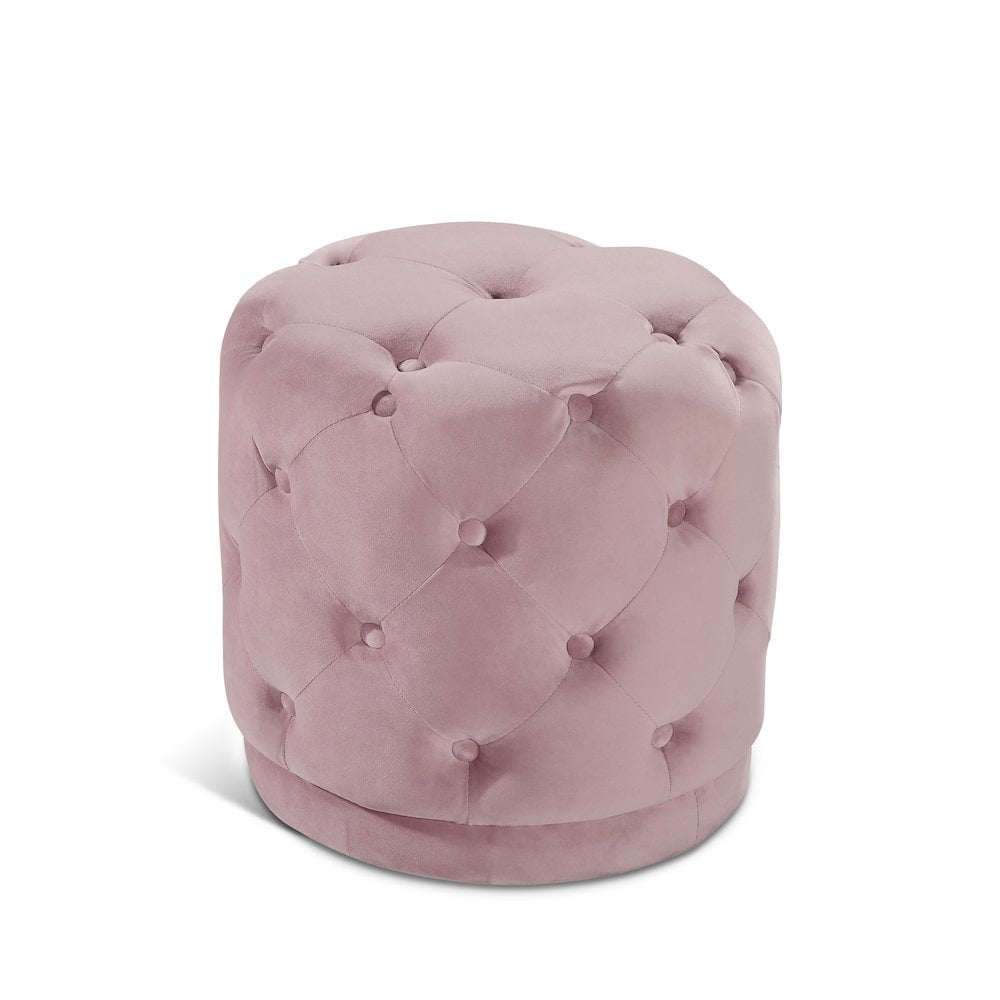 Pink Velvet Tufted Button Round Ottoman Stool